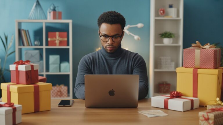 Realistiška nuotrauka: dinamiška fokusuoto rinkodaros specialisto scena, optimizuojanti skaitmeninę kampaniją nešiojamajame kompiuteryje, apsupta meniškai išdėstytų dovanų dėžučių moderniame, gyvybingame biure.