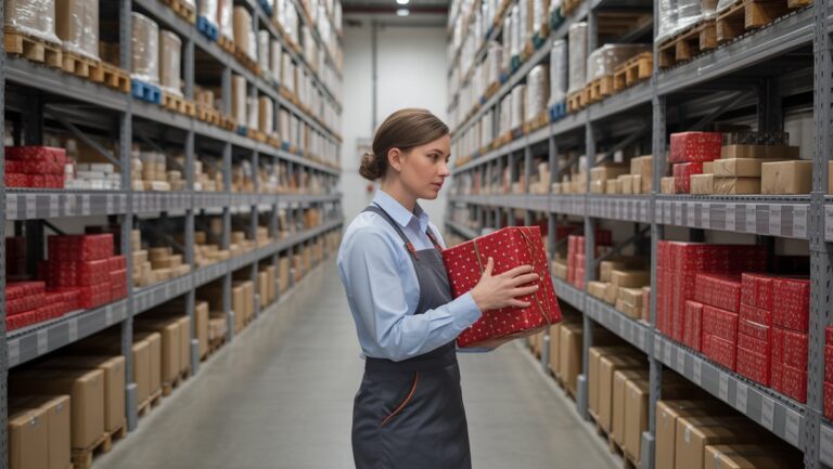 Realistiška nuotrauka: profesionalus kruopščiai nuskaitydamas ir organizuodamas gražiai suvyniotas dovanų dėžutes ant gerai įrengtų lentynų moderniame, efektyviame sandėlyje.