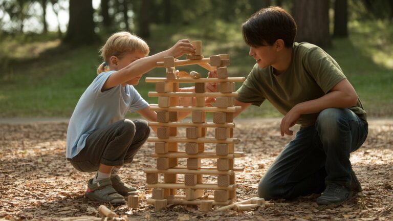 Vaikas ir paauglys džiaugsmingai kuria sudėtingą struktūrą su natūraliais mediniais blokais saulėto miško valymo metu, hiperrealistiniu, kinematografiniu.