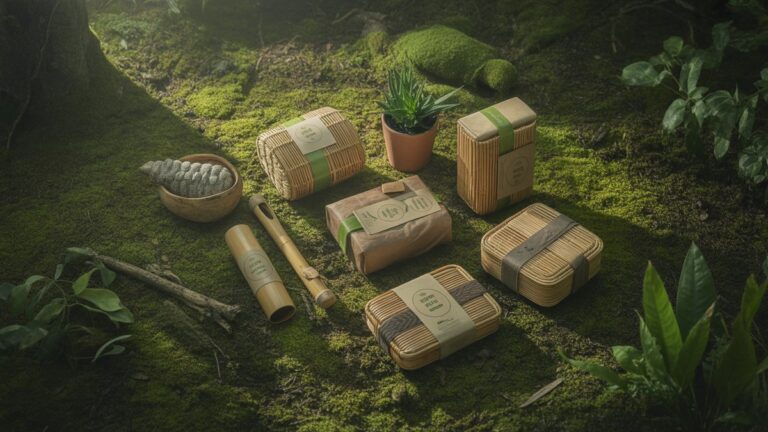 Viršutiniai vaizdai į žemę palankias dovanas, išdėstytas ant samanų padengtų miško užpakalinių produktų - bambuko gaminių, vazoninių augalų, daugkartinio naudojimo konteinerių - apnuogintų saulės spindulių filtravimo per žalią baldakimą, fotorealistinę gamtos fotografiją.