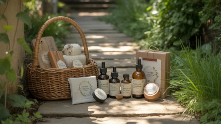 Apgalvotai išdėstytos ekologiškos dovanos, įskaitant gamtos grožio produktus ir amatininkų amatus, įsikūrusius tarp švelnių žalumynų ir saulės spindulių ramiame sodo take, hiperrealistiniame.