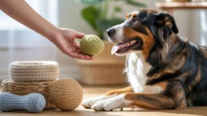 Realistiška žmogaus rankos nuotrauka, švelniai siūlanti ekologišką, natūralaus pluošto šunų žaislą laimingam, sveikam šuniui, apsuptam kitų tvarių naminių gyvūnėlių. Minkšta šviesa.