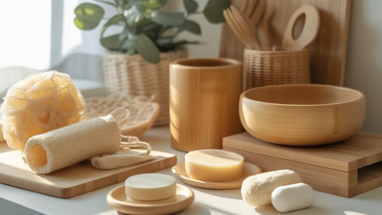 Realistiškas, ryškiai plokščias apgalvotai kuruojamų ekologiškų namų būtiniausių daiktų gulėjimas: bambuko virtuvės reikmenys, natūralūs gultai ir tvirti tualeto reikmenų batonėliai, maudomi minkšta, natūralia šviesa.