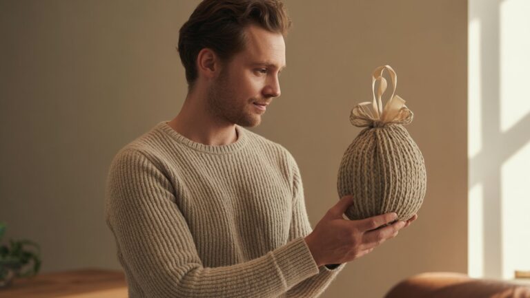 Realistiška žmogaus, mąstančio, laikančio stilingą, praktišką ekologišką dovaną iš natūralių medžiagų, šilta natūrali šviesa, minimalistinis fonas, nuotrauka.