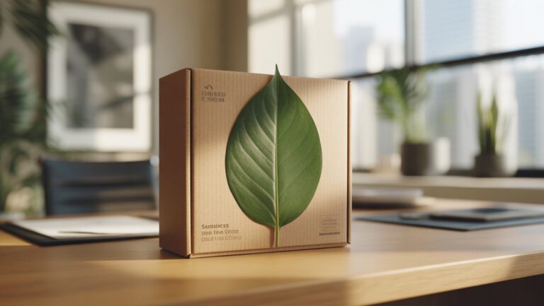 Elegantiška tvarios verslo dovanų dėžutė, kurioje yra žalias lapas, profesionaliai pastatytas ant švaraus medinio stalo moderniame, saulės apšviestoje biure. Realistas.