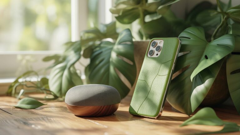 Realistiška scena: Tvarios technologijos prietaisai, tokie kaip medinis išmanusis garsiakalbis ir augalinio korpuso telefonas, meniškai išdėstyti su vešliais žaliais lapais ir minkšta natūrali šviesa, simbolizuojanti ekologiškus sprendimus.