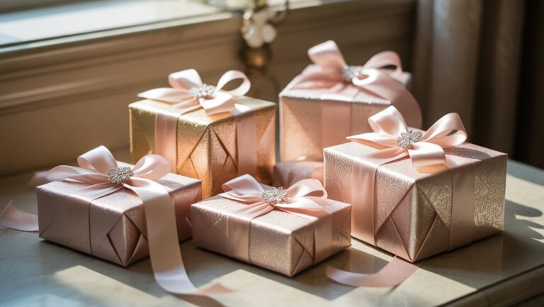 Realistiška kelių išskirtinai apvyniotų vestuvių dovanų nuotrauka su prabangiomis juostelėmis ir subtiliais papuošimais ant poliruoto paviršiaus, išsimaudytos minkšta, romantiška šviesa.