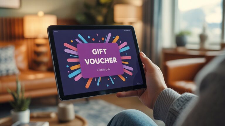 Realistiškas, rankos iš arti, laikant planšetinį kompiuterį, kuriame ekrane rodomas gyvybingas skaitmeninis dovanų kuponas, minkšta aplinkos šviesa moderniame, patogiame interjere.