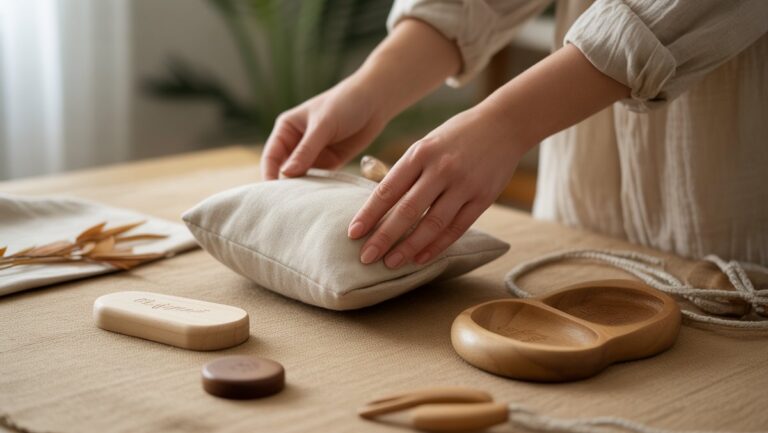 Realus rankų, kruopščiai išdėstytų gražių, žemiškų tonizuotų tvarių mados dovanų, kaip skalbinių maišo ir medinių aksesuarų, vaizdas ant šviesaus natūralaus paviršiaus, su minkšta aplinkos šviesa.
