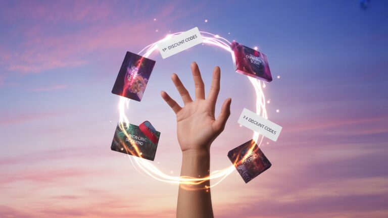 Ranka iškyla iš žvilgančio portalo, pasiekusio įvairių, meninių dovanų patirties ir žvilgančių nuolaidų kodų, fotorealistinio, plataus kadro, ryškaus, švelnaus fokusavimo fono.