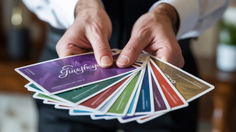 Elegantiškos rankos, laikančios kelis spalvingus dovanų kuponus ir pažymėjimus, pavyzdžiui, žaidimo korteles, minkštą studijos apšvietimą, seklią lauko gylį, fotorealistinę komercinę fotografiją, prabangų pristatymą.