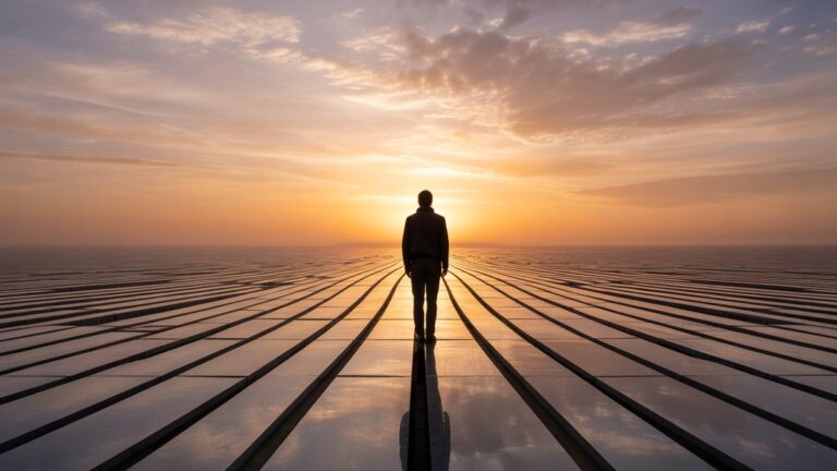 Realus platus žmogaus kadras, silutuojamas prieš didžiulį, spinduliuojantį horizontą, kur susiliejantys keliai subtiliai virsta šviečiančiais, simboliniais įvairių gyvenimo patirčių reprezentacijomis. Kinematūra, šilta šviesa.