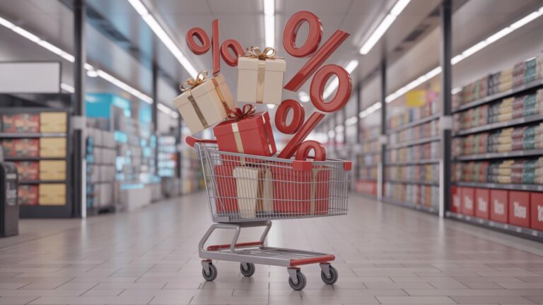 Pirkinių krepšelis, užpildytas suvyniotomis dovanų dėžutėmis, kaskadiniai nuolaidų procentiniai simboliai, tokie kaip konfeti šiuolaikinėje mažmeninės prekybos parduotuvėje, ryškus komercinis apšvietimas, fotorealistinis, dinaminis judesio fiksavimas, plataus kampo perspektyva.