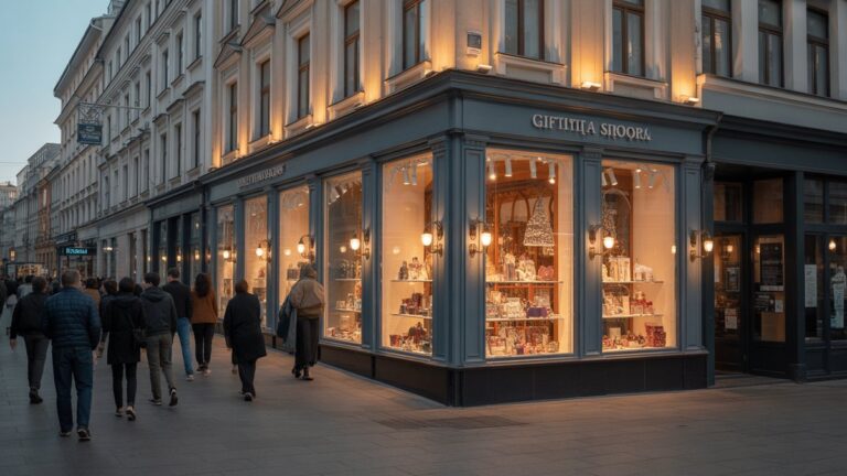 Šiuolaikinė Lietuvos dovanų parduotuvės parduotuvė su šiltais žėrinčiais langais, kuriuose pavaizduotos elegantiškos dovanos, šurmuliuojanti miesto gatvės scena, vakaro „Auksinės valandos“ apšvietimas, fotorealistinė architektūrinė fotografija, kviečianti komercinę atmosferą.