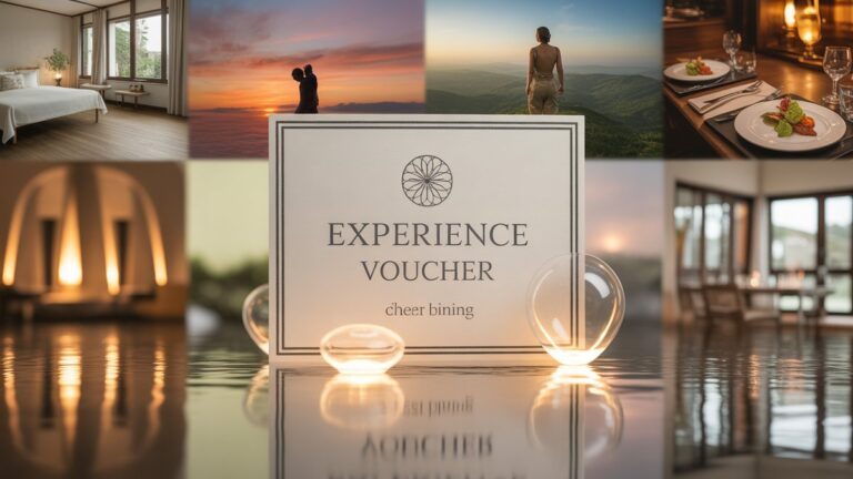 Elegantiškas, nesugadintas patirties kuponas, jo kraštai subtiliai švyti, atskleidžiantis plačią, neryškų įvairių, žavių scenų foną: ramus SPA, jaudinantis nuotykis, gurmanų pietūs. Fotorealistinis, svajingas šviesa.