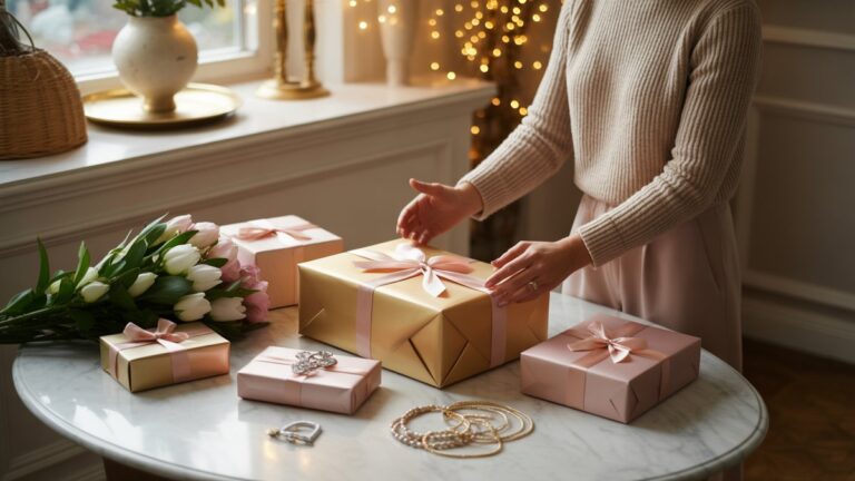 Elegantiškos motinos rankos švelniai išlaisvinančios gražiai suvyniotas dovanų dėžutes, apsuptas gėlių, papuošalų ir apgalvotų dovanų ant marmurinio stalo, šilto auksinio apšvietimo, fotorealistinės gyvenimo būdo fotografijos.