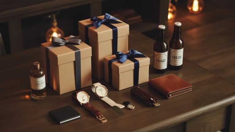 Elegantiškos dovanų dėžutės, išdėstytos ant tamsaus medinio stalo su vyriškais aksesuarais, tokiais kaip laikrodžiai, odekolonas, odinė piniginė ir amatų alaus buteliai, šiltas aplinkos apšvietimas, fotorealistinis stilius.