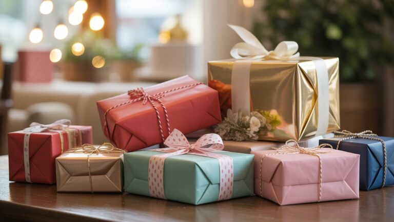 Ryškus elegantiškai apvyniotų gimtadienio dovanų asortimentas su įvairiais dydžiais ir faktūromis, maudomas šiltoje, minkštoje natūralioje šviesoje, seklioje lauko gylyje, tikroviškoje nuotraukoje.