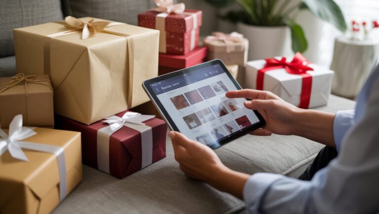 Iš arti, realus rankų, naršančių internetinę parduotuvę ant planšetinio kompiuterio, vaizdas, apsuptas įvairių elegantiškai apvyniotų dovanų dėžučių kolekcijos patogiuose namuose.