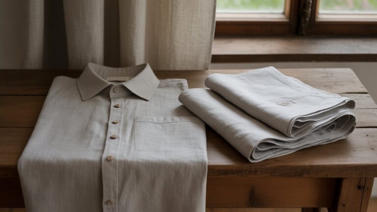 Realus išskirtinai sulankstytų natūralių lininių tekstilės gaminių vaizdas: marškinėliai, rankšluostis ir staltiesė ant kaimiško medinio paviršiaus, apšviesto minkštu lango šviesa, perteikiančiu nesenstantį Lietuvos meistriškumą.