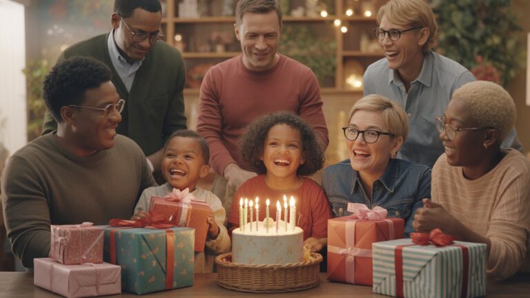 Įvairi laimingų žmonių grupė, nuo vaiko iki vyresnio amžiaus, švenčiančios gimtadienį, apsuptą apgalvotai suasmenintų, gražiai suvyniotų dovanų, šiltos atmosferos, realistiškos.
