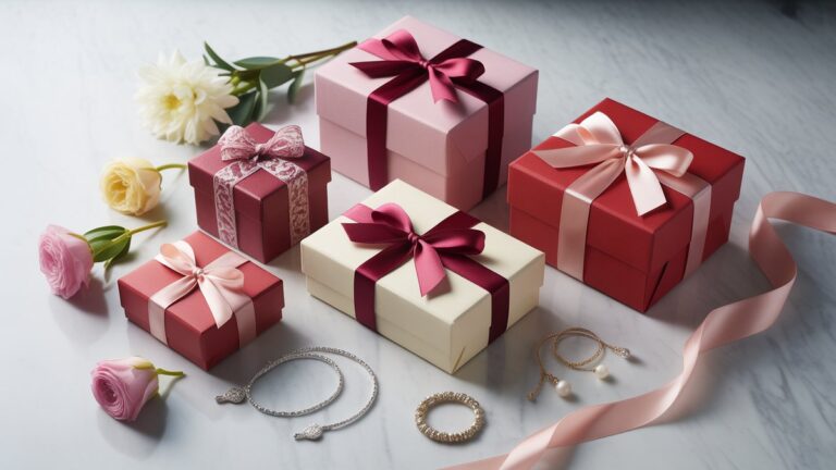 Gražios suvyniotos įvairių dydžių ir spalvų, išdėstytų ant marmurinio paviršiaus su šviežiomis gėlėmis, šilko juostelėmis ir papuošalais, išsklaidytais aplink, minkšta ryto šviesa, fotorealistinė prabangos natiurmortė.