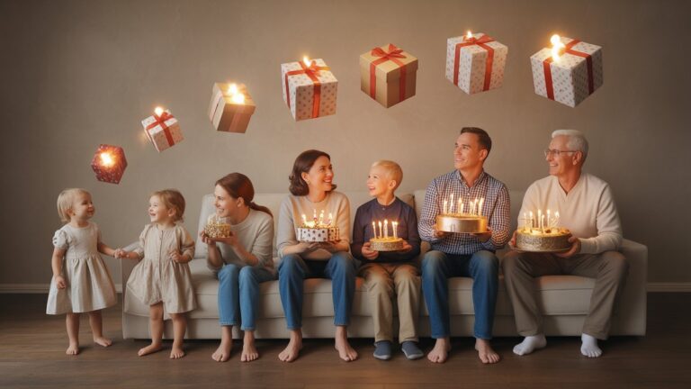 Kelių kartų šeimos tvarkaraštis, rodantis gimtadienio šventes nuo mažylio iki pagyvenusių žmonių, plūduriuojančios dovanų dėžutės, morfuojančios pagal amžiaus grupę, svajingas eterinas apšvietimas, fotorealistinis kompozitas, šiltų auksinių tonų.