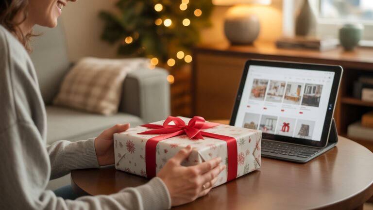 Žmogus šypsosi, žvelgdamas į gražiai suvyniotą dovaną ant jaukaus gyvenamojo kambario stalo, su planšetiniu kompiuteriu, kuriame fone rodoma internetinė parduotuvė. Realus, šiltas apšvietimas.