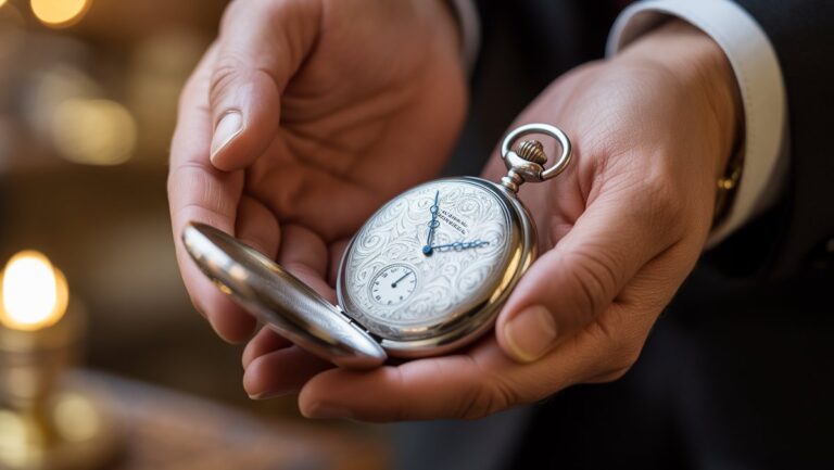 Realus švelnių rankų iš arti, laikant gražiai išgraviruotą sidabrinį kišeninį laikrodį, minkštą „Bokeh“ foną, šiltą aplinkos šviesą, sentimentalią ir nesenstantį.