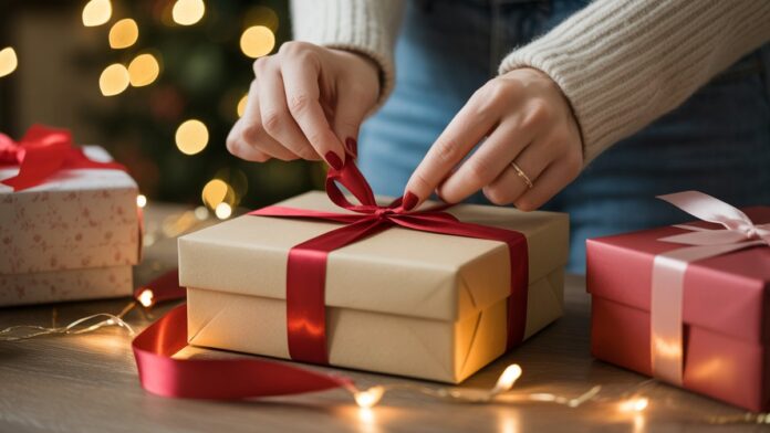 Realus moters rankų įvaizdis greitai, bet elegantiškai surišdamas juostelę ant stilingos dovanų dėžutės, apsupta kitų prašmatnios paskutinės minutės dovanų idėjų, šilta šviesa.