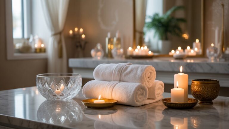 Prabangios „Spa“ šventovė su plūduriuojančiomis aromaterapinėmis žvakėmis, šilko chalatu, krištolo dubenėliais ir auksinių grožio produktų, išdėstytų ant marmurinių paviršių, minkšto eterinio apšvietimo, fotorealistinės ramios atmosferos.