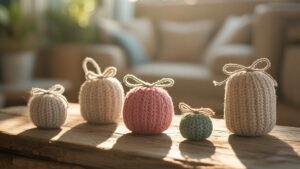 Realistiškas kadras: kūrybingos, unikalios dovanos rankomis pagamintos iš perdirbtų medžiagų, eksponuojamos ant kaimiško medinio paviršiaus, maudomas šiltoje, minkštoje natūralioje šviesoje, pabrėžiant tvarumą.