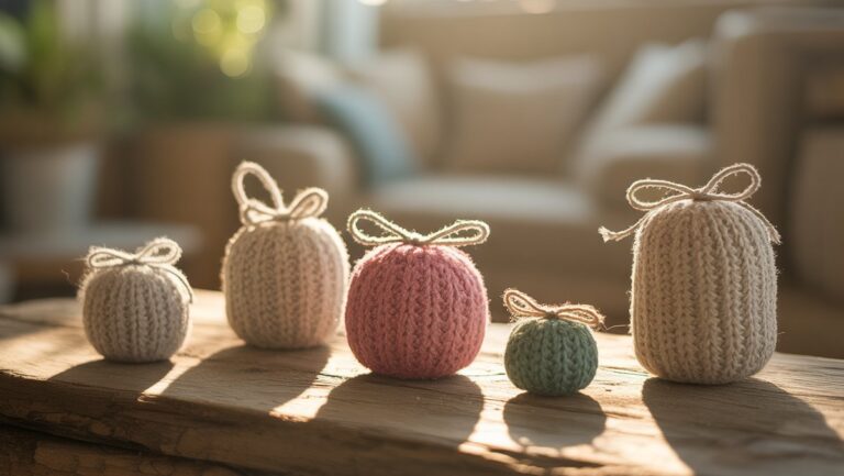 Realistiškas kadras: kūrybingos, unikalios dovanos rankomis pagamintos iš perdirbtų medžiagų, eksponuojamos ant kaimiško medinio paviršiaus, maudomas šiltoje, minkštoje natūralioje šviesoje, pabrėžiant tvarumą.