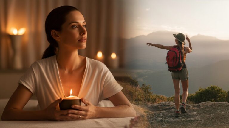 Elegantiška motina patiria prabangų SPA gydymo ir nuotykių veiklą padalijimo ekrano kompozicijoje, minkšto aplinkos apšvietimo, priešingai nei dramatiški lauko peizažai, fotorealistinis gyvenimo būdo vaizdas su šiltais auksiniais tonais.