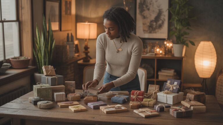 Galvojo asmens, kruopščiai kurdamas įvairios, unikalių, amatininkų dovanų kolekciją ant kaimiško medinio stalo. Fotorealistinė, šilta aplinkos šviesa, kviečianti atmosfera.