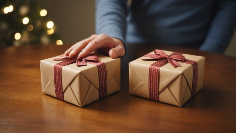 Realus, akių lygio kadras: pora identiškų, gražiai suvyniotų dovanų dėžučių sėdi ant šilto medinio stalo. Žmogaus ranka švelniai remiasi ant vienos, perteikdama subtilų, apgalvotą keblią padėtį.