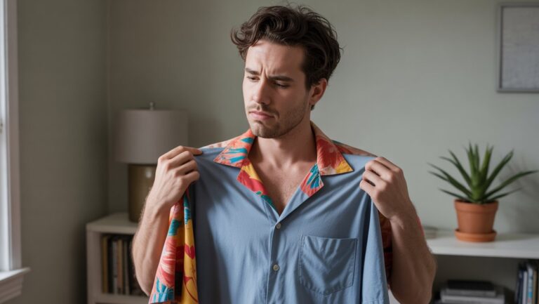 Realistiška žmogaus nuotrauka, turinti akivaizdžiai netinkamą drabužių dovaną, apgalvotai žvelgdama į nepatogias proporcijas.