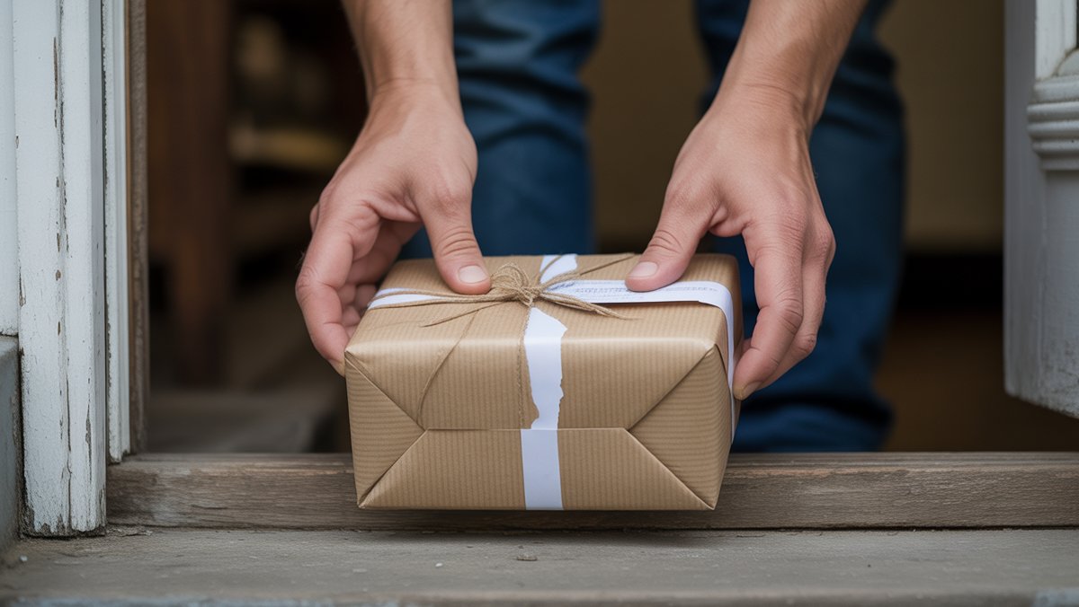 Realistiškas rankų iš arti apžiūrėjus matomai pažeistą dovanų paketą ant medinių durų. Suplėšytas popierius, susmulkinti kampai, perteikdami nusivylimą ir praradimą minkštoje natūralioje šviesoje.