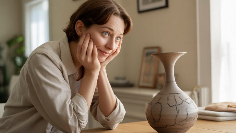 Žmogus, žiūrintis į unikalų, rankų darbo keramikos kūrinį su priverstine mandagia šypsena ir subtiliu netikrumu, natūralioje šviesoje namuose, realistiškai.