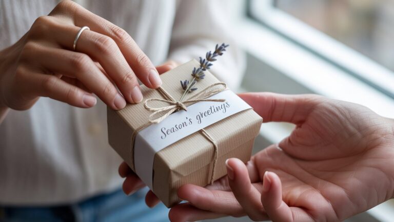 Realistiškos, intymios rankos iš arti keičiantis apgalvotai apvyniota dovana, subtiliomis išraiškomis, perteikiančiomis neišsakytus jausmus ir tylų bendravimą.