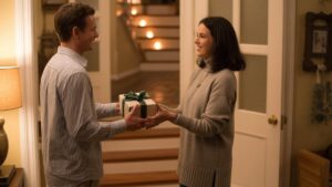 Šilta, kviečianti realistiška scena: svečias, įteikiantis apgalvotą dovaną besišypsančiam šeimininkui jaukiai, švelniai apšviestame namų įvažiavime, perteikdamas dėkingumą.