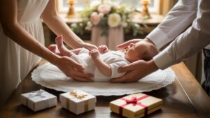 Realus tėvo rankų kadras švelniai laikant naujagimį, apsuptą elegantiškų krikštynų dovanų ant medinio stalo, šilta šviesa.