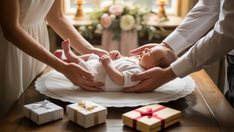 Realus tėvo rankų kadras švelniai laikant naujagimį, apsuptą elegantiškų krikštynų dovanų ant medinio stalo, šilta šviesa.