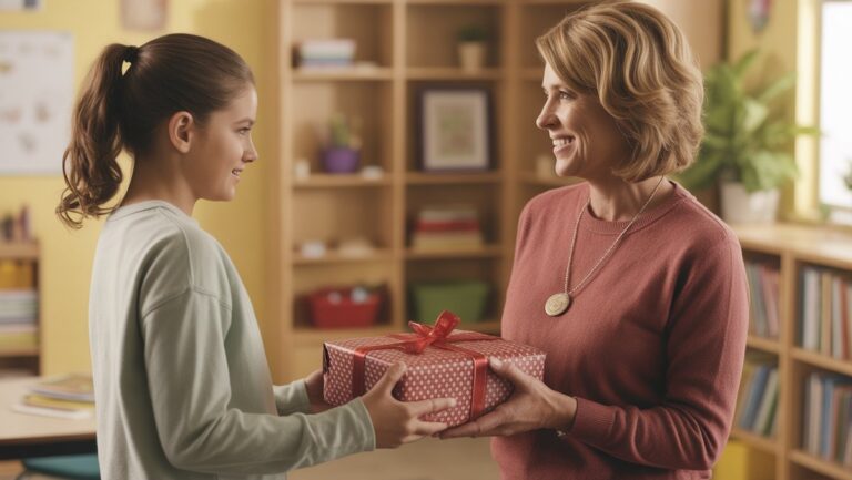 Realistiška studento ar tėvų nuotrauka, pagarbiai pateikusi kuklią, skoningai apvyniotą dovaną dėkingam mokytojui šiltoje, kviečiančioje mokykloje.