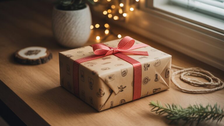 Realistiška gražiai apvyniotos dovanų dėžutės nuotrauka, subtiliai užuomina į įvairius pomėgius, uždėtus ant šilto medinio paviršiaus, minkšto, kviečiančio šviesos.