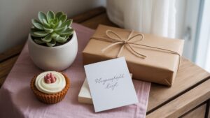 Realistiška apgalvotos įvairių, biudžetinių dovanų kolekcijos nuotrauka: mažas sultingas, naminis skanėstas, suasmeninta ranka rašyta kortelė ir švelniai apvyniota knyga. Minkšta, natūrali šviesa.