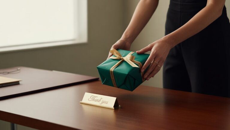 Atidžiai rankos, greitai padėdami mažą, elegantiškai apvyniotą dovaną ant profesionalaus biuro stalo. Minkšta šviesa, tikroviška fotografija.