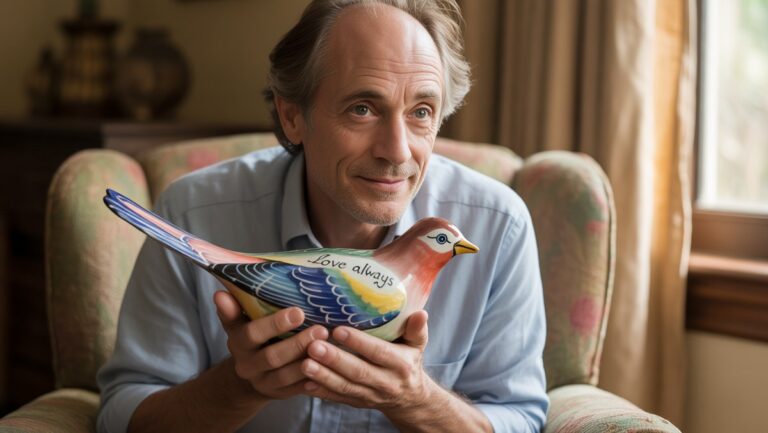 Realistiška nuotrauka: tėvas, meiliai laikantis unikalią, rankomis pagamintą dovaną iš savo vaiko, spinduliuodamas šilumą ir puoselėjamus prisiminimus.