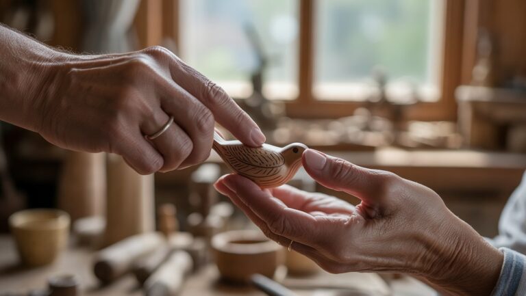 Itin realistinis iš arti: rankos, keičiančios unikaliai suasmenintą dovaną, išsimaudė šiltoje natūralioje šviesoje, perteikdamos tikrą priežiūrą ir pastangas.