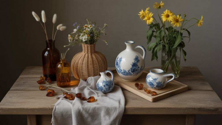 Realus, žadinantis natiurmortas, kuriame demonstruojamos prasmingos lietuviškos dovanos: gintaras, austas linas, rankomis dažytas keramika ir laukinės gėlės, švelniai apšviestos, kad išryškintų jų turtingą simboliką.